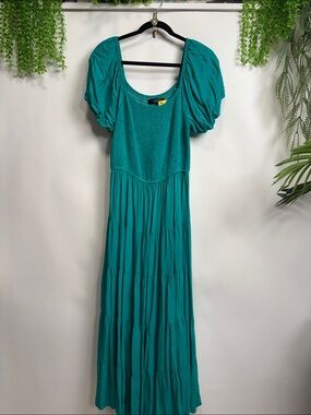 Elegant Teal Maxi Dress with Puff Sleeves